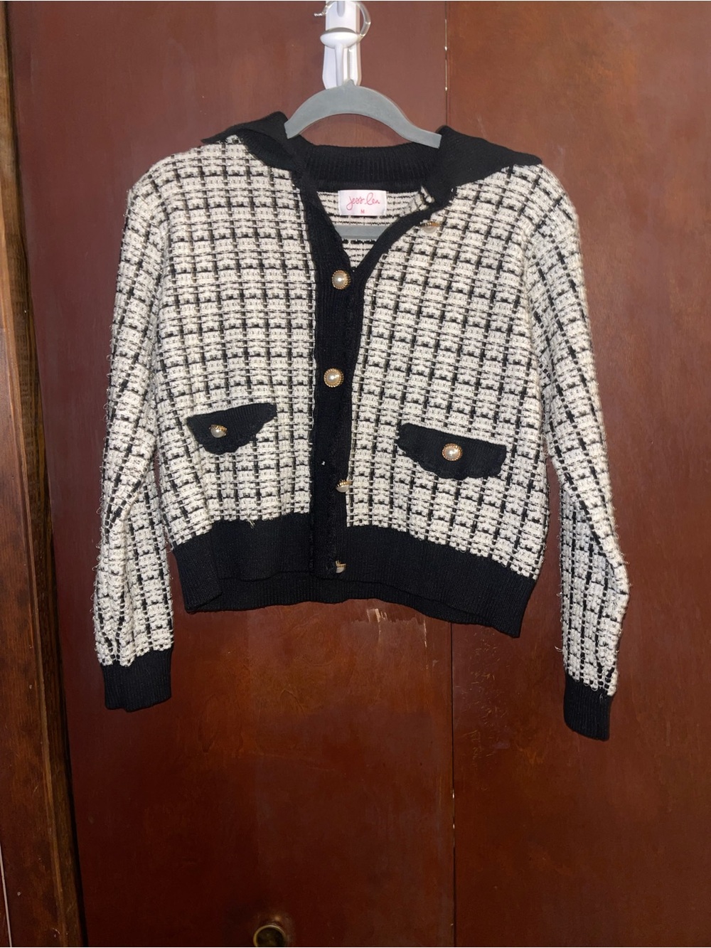 Black & White Tweed Hooded Cardigan with Gold Buttons